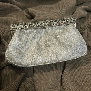 Silver Clutch with Crystal Flower Details